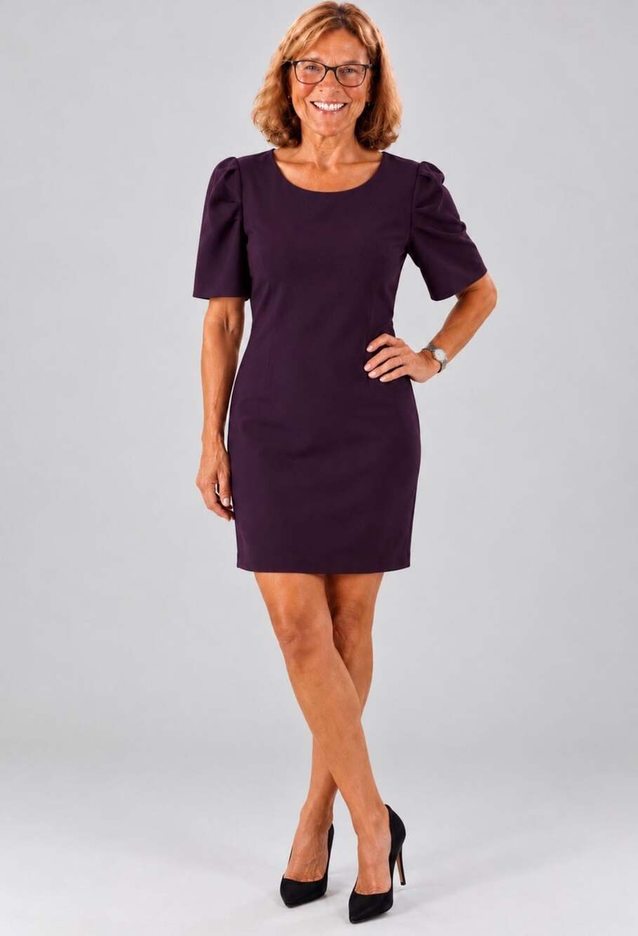 She + Sky Puff Sleeve Sheath Dress, Plum color, Sz S